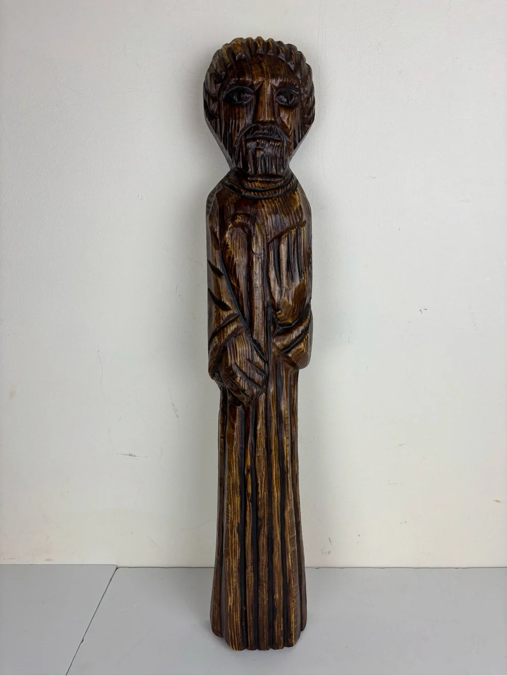 Vintage Saint Figure, Santos Sculpture, wall hanging, wood-look paper mache Monk